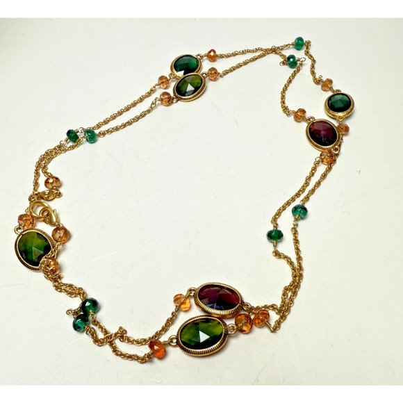 Vintage 40" Monet Gold Tone Jewel Tones Station Necklace Green Purple Faceted - Picture 1 of 6